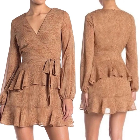 Material Girl Dresses & Skirts - NWT Material Girl Animal Print Tan Ruffle Tie Wrap Dress Size XS